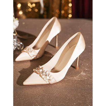 Pumps with Pointed Women's White Satin Heel Toe High Ruffle