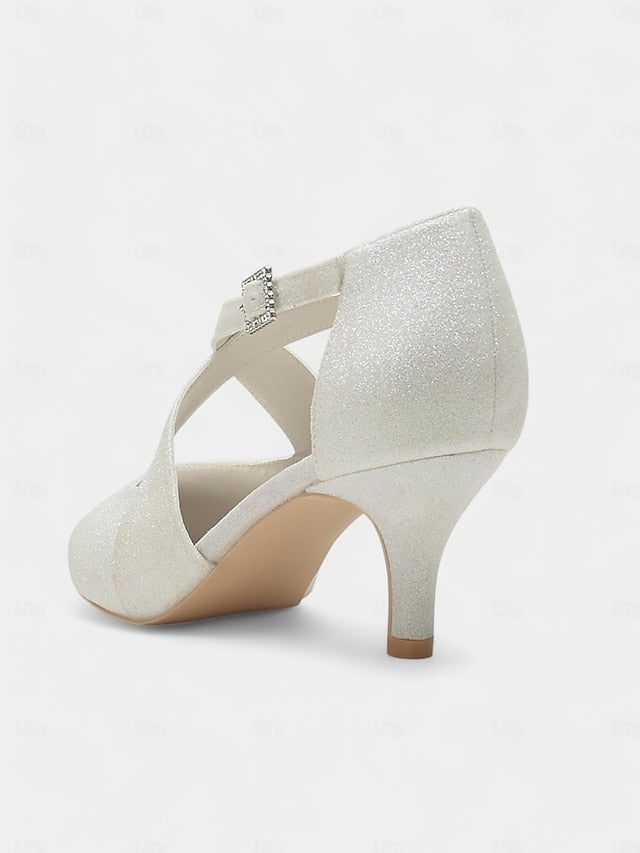 White Heels Glitter Cross Rhinestone Buckle with Kitten Strap