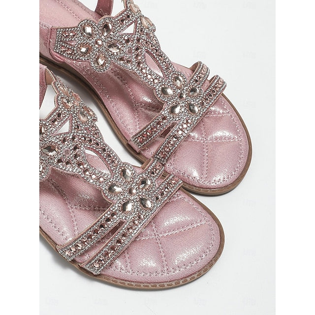 Rhinestone – Flat Boho Silver Sandals Women's T-Strap