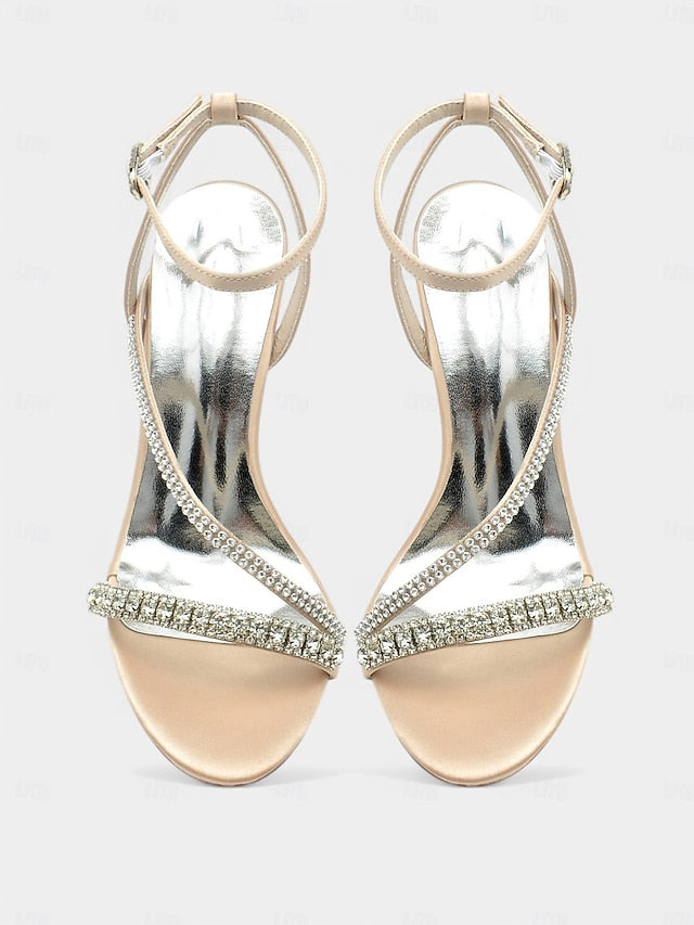 Sophisticated Satin Champagne – Rhinestone Heels Strappy