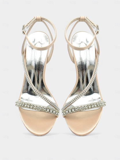 Sophisticated Satin Champagne – Rhinestone Heels Strappy