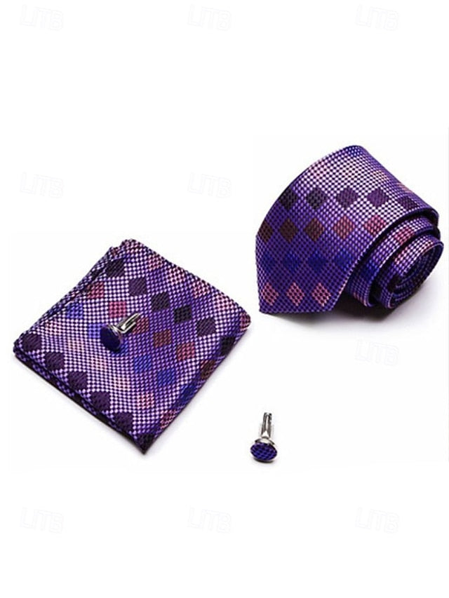 Set Checkered Men's Purple – Square Silk Tie and Pocket