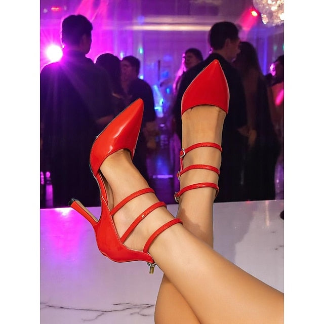 Women's Strappy Sexy Leather – High Red Patent Heels