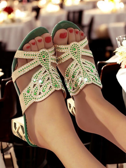 Heeled Embellished and Rhinestone - Green Sandals Gold