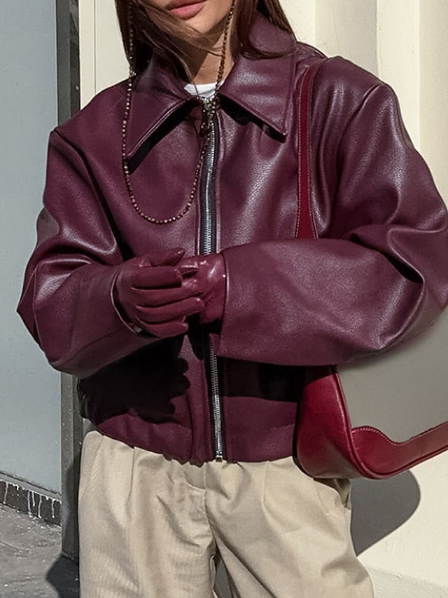 Warm Jacket Zipper Women's Comfortable Faux Pocket Leather