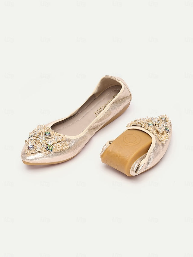 Gold Flats Glitter with Foldable Crystal Women's