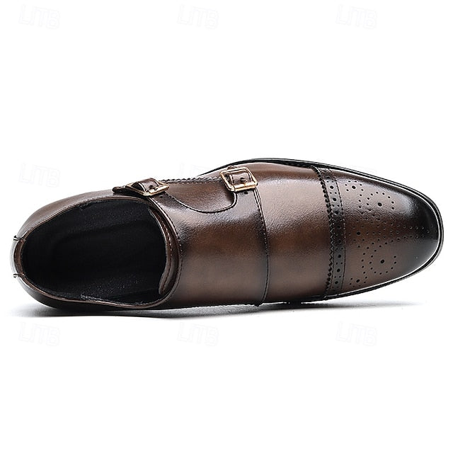 Monk Brown Double with Strap Shoes Men's Leather Faux