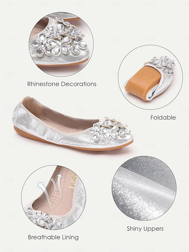 Flats with Women's Silver Foldable Rhinestone
