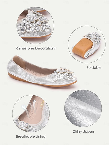 Flats with Women's Silver Foldable Rhinestone