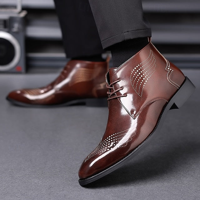 Leather Ankle Men's Faux Glossy Burgundy Wingtip Brogue