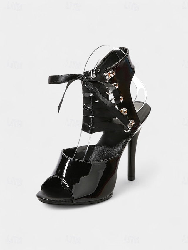 Cutout Black Women's Sandals Sexy Patent Stiletto - Lace-Up