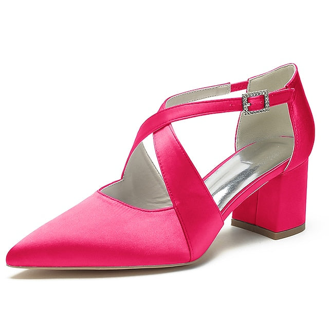 Heels Block Women's Toe White Pointed – Satin Elegant