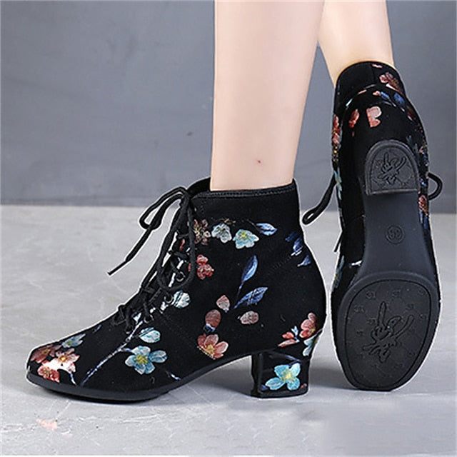 Floral for – Low Comfortable Shoes Lace-up Women Dance Black