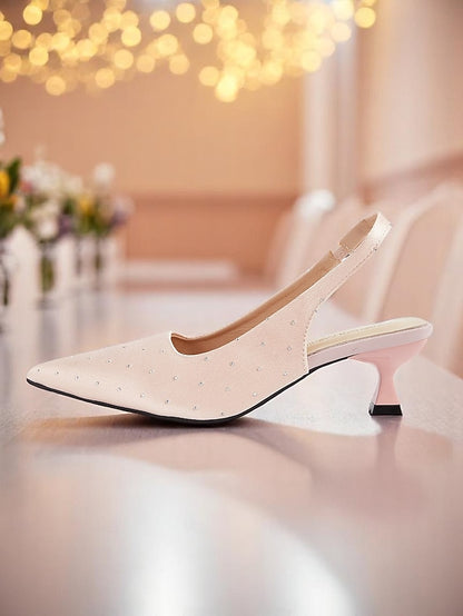 Satin Slingback Women's with Kitten Rhinestone Studs Heels