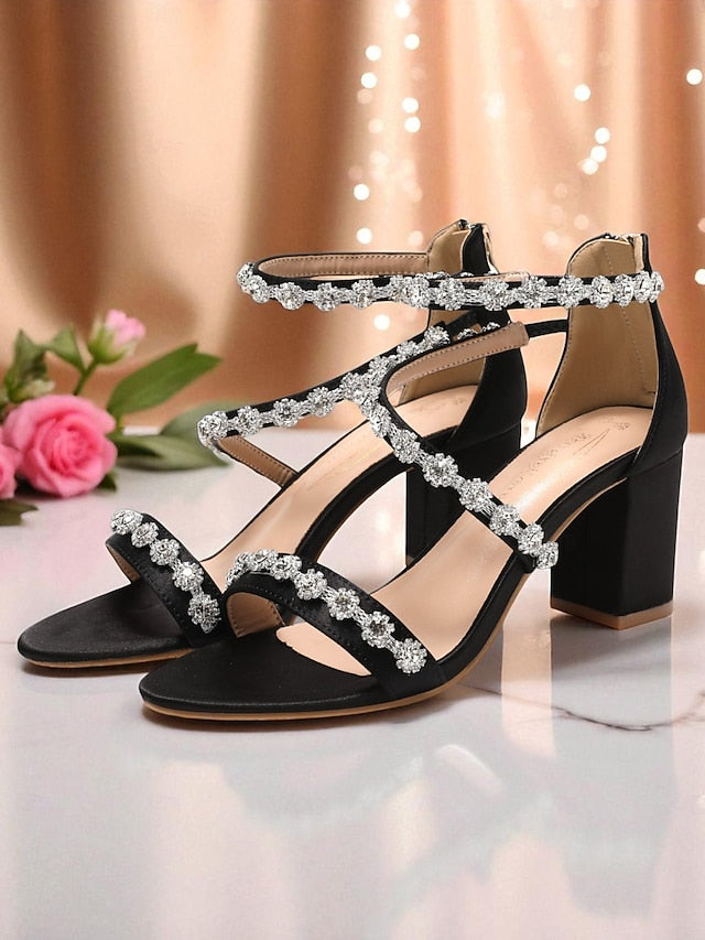 Heel Open Elegant Women's White Block Sandals - Rhinestone