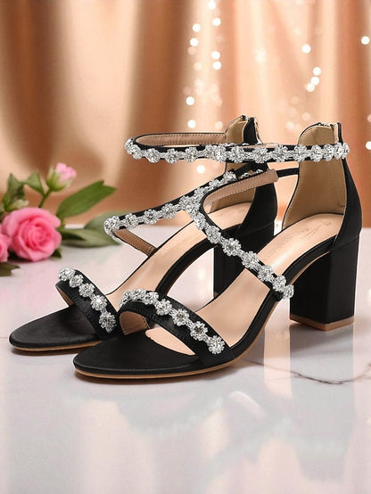 Heel Open Elegant Women's White Block Sandals - Rhinestone
