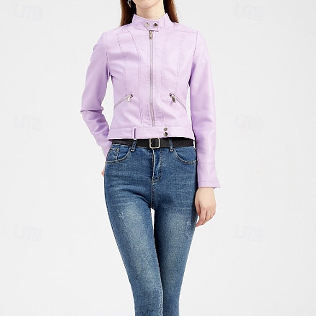 Women's Jacket Zipper Leather Faux Pocket Comfortable