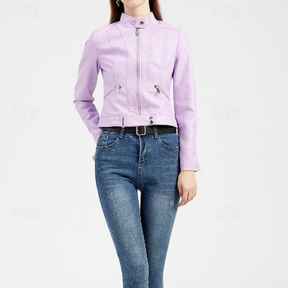 Women's Jacket Zipper Leather Faux Pocket Comfortable