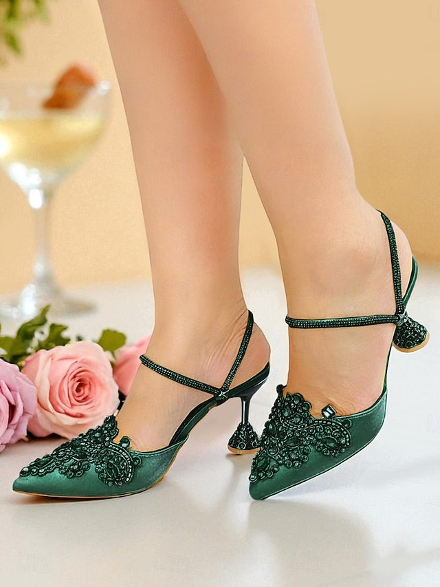 Embellished Women's Rhinestone Pointed Satin Gold Toe