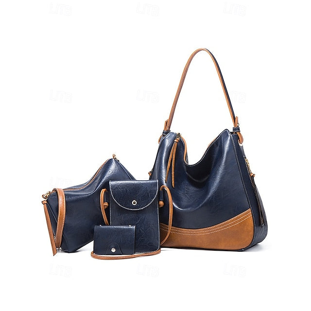 Faux Leather Shoulder 4-Piece Handbag Bag Women's – Set
