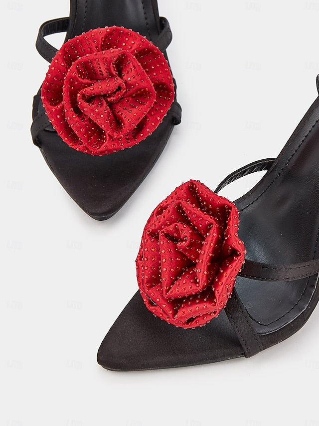 Black Embellishments Heel Chic with High Red - Sandals Floral