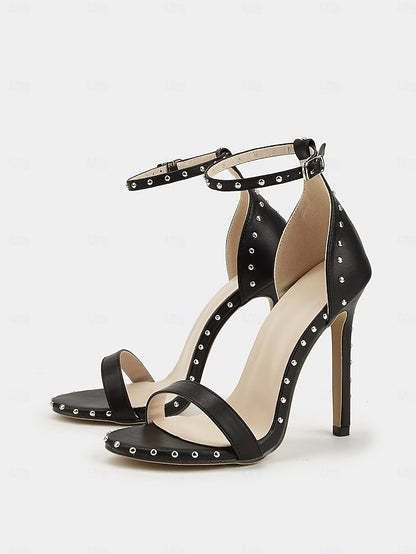 Silver with - Black Stiletto Sandals Embellishments Stud