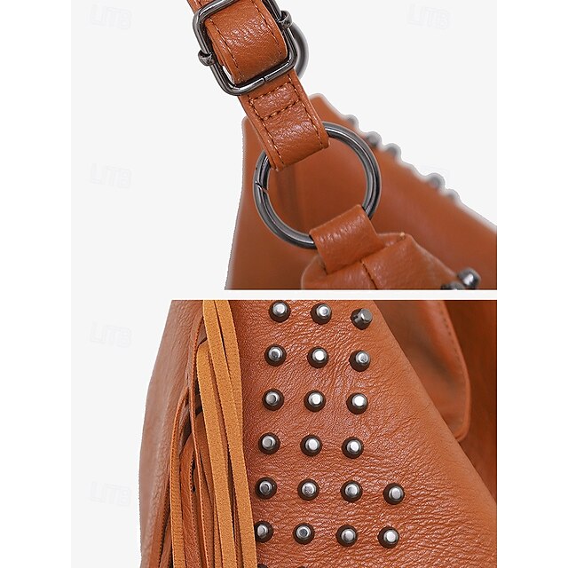 - Brown Leather Boho Studded Bag Women's Hobo Skull Fringe