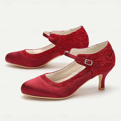 Comfortable Satin Red Mid-Heel Lace Heels - Women's Elegant