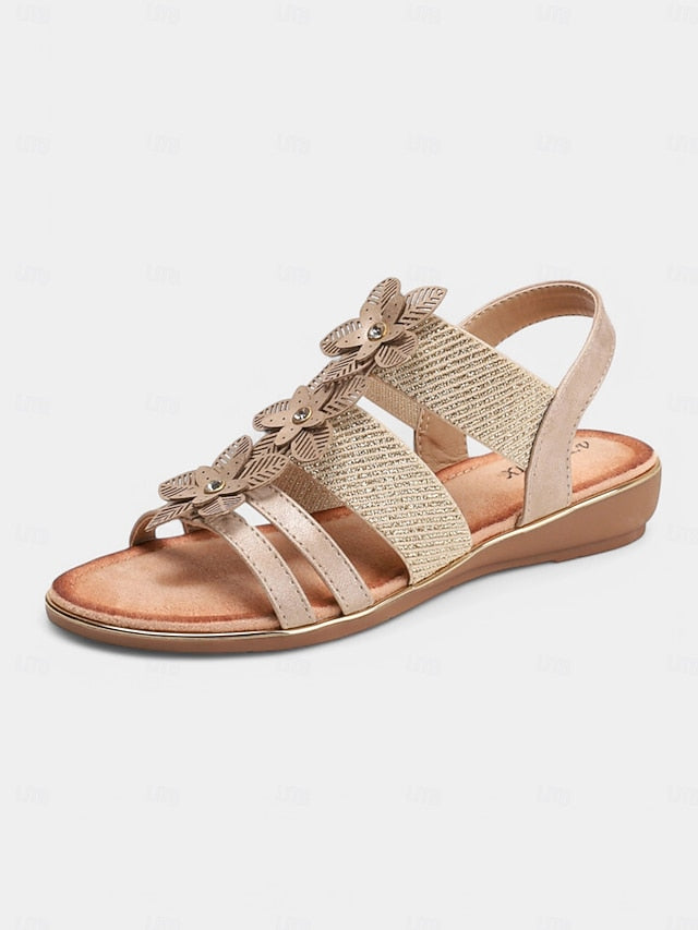 Elegant Women's Beige Floral Rhinestone – Flat Sandals