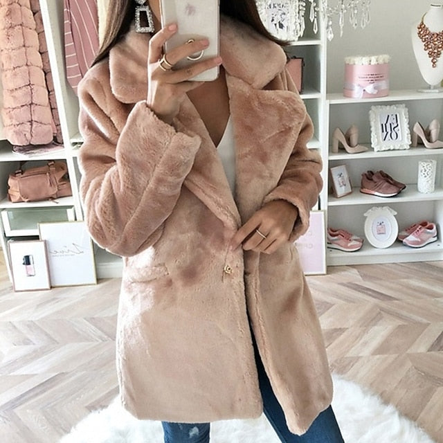 Women's Comfortable Faux Warm Coat Fur Pocket Casual