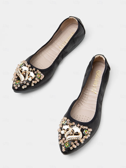 Women's Black Flats Rhinestone with Ballet Foldable