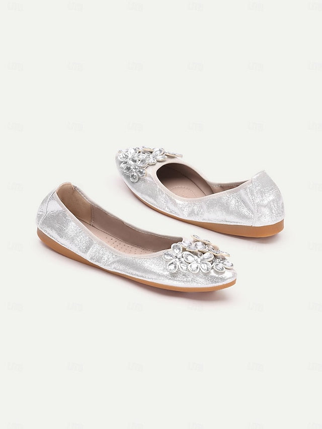 Flats with Women's Silver Foldable Rhinestone
