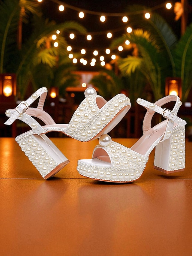 White Platform Embellished Block Pearl Heel Women's Sandals