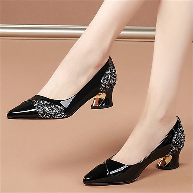 Block Women's Faux Heels Leather Patent Glitter-Accented