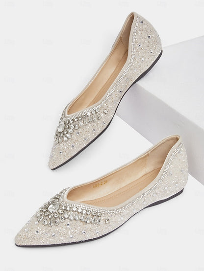 Women's Pointed Toe Silver Crystal Glitter with Flats
