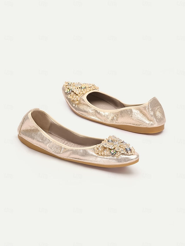 Gold Flats Glitter with Foldable Crystal Women's