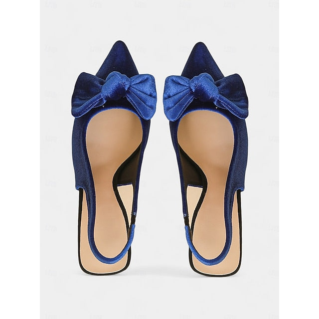 Bow Toe Blue Slingback with Pointed Women's Velvet Heels