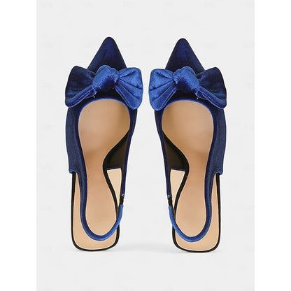 Bow Toe Blue Slingback with Pointed Women's Velvet Heels