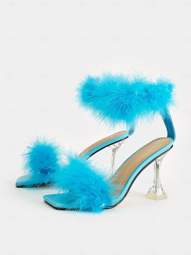 High with Sandals Turquoise Feather-Embellished Heel Clear