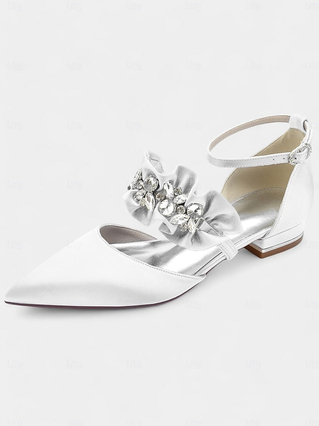 Satin Pointed-Toe with Women's Black Rhinestone Flats