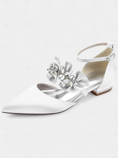 Satin Pointed-Toe with Women's Black Rhinestone Flats