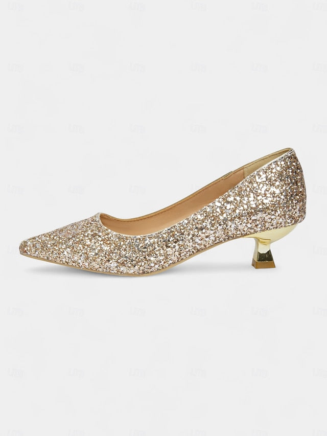 Pointed Glitter Pumps Toe - Sparkly Women's Low Heel