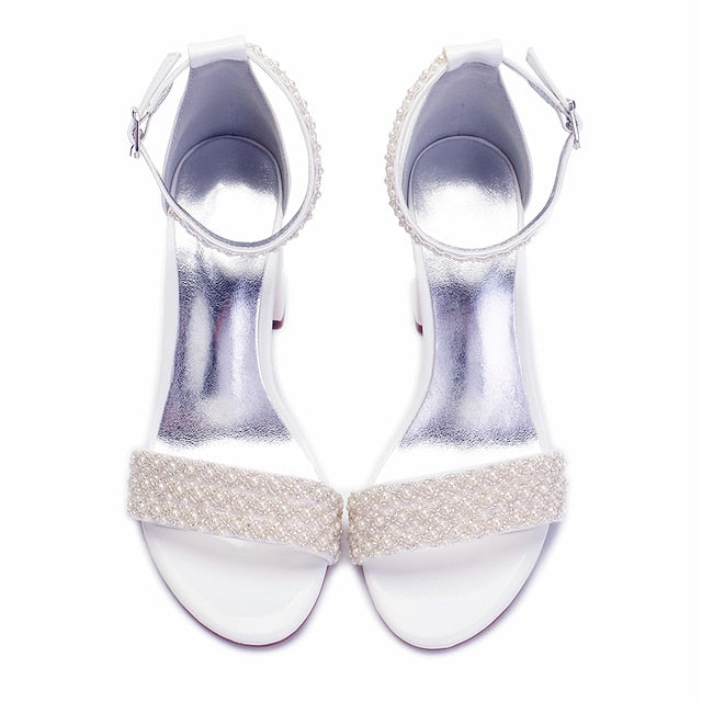 Pearl Strap White Embellished Ankle Ivory Women's Block
