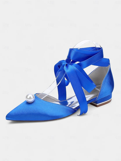 - Navy Pearl Satin Pointed Flats Embellished Toe Women's