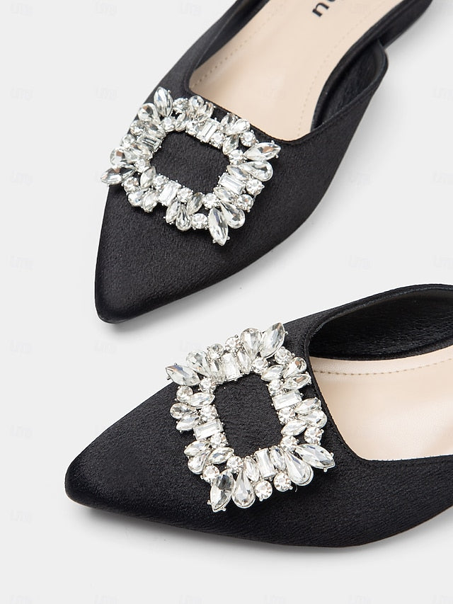 Black Women's Satin with Mules Rhinestone Pointed-Toe
