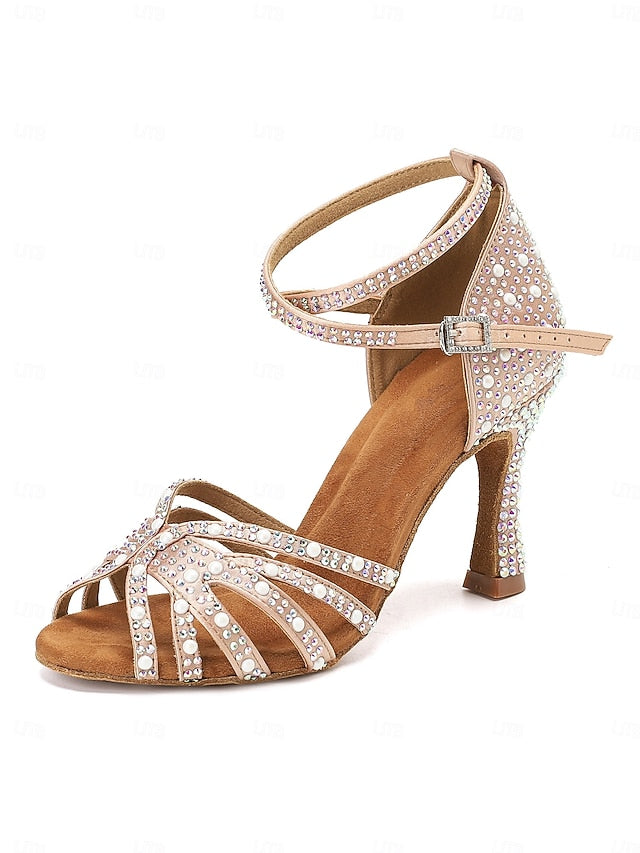 High Sandals with Heel Tan Latin Rhinestone-Embellished Dance