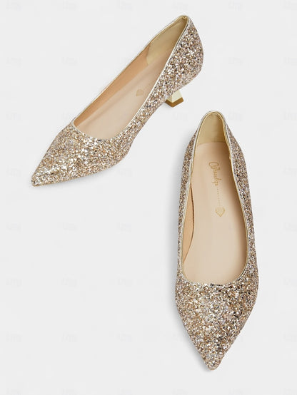 Pointed Glitter Pumps Toe - Sparkly Women's Low Heel