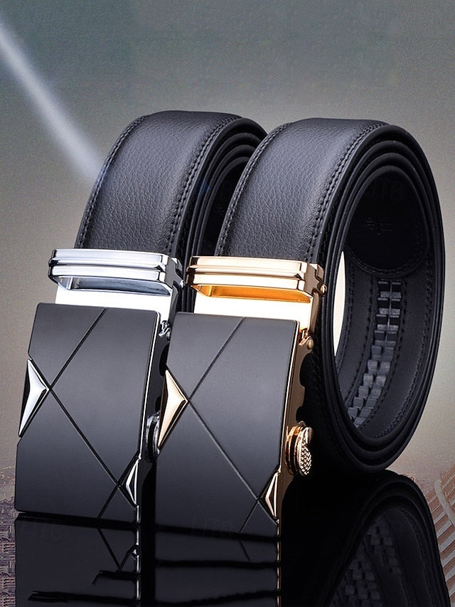 with Elegant Adjustable Black Leather Men's Belt Metal