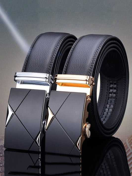 with Elegant Adjustable Black Leather Men's Belt Metal