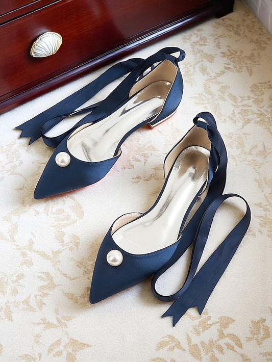 - Navy Pearl Satin Pointed Flats Embellished Toe Women's